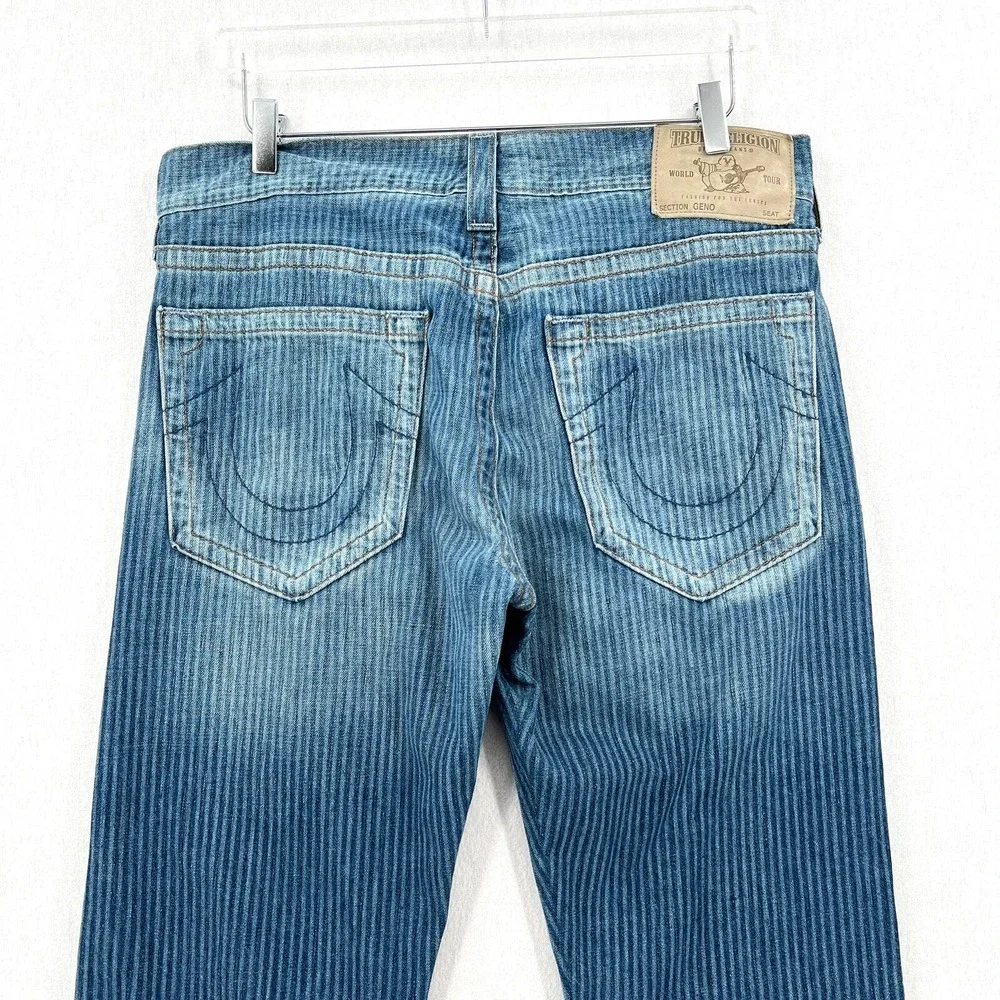 TRUE RELIGION Geno Jeans Mens 34 Blue Pinstripe Slim Straight Denim USA